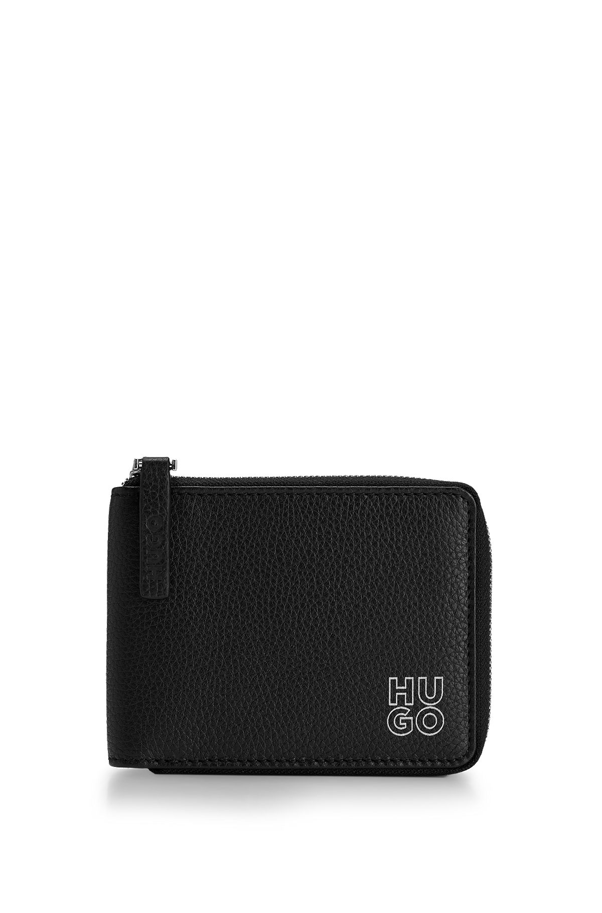 Grained-leather zip-up wallet with stacked logo, Black