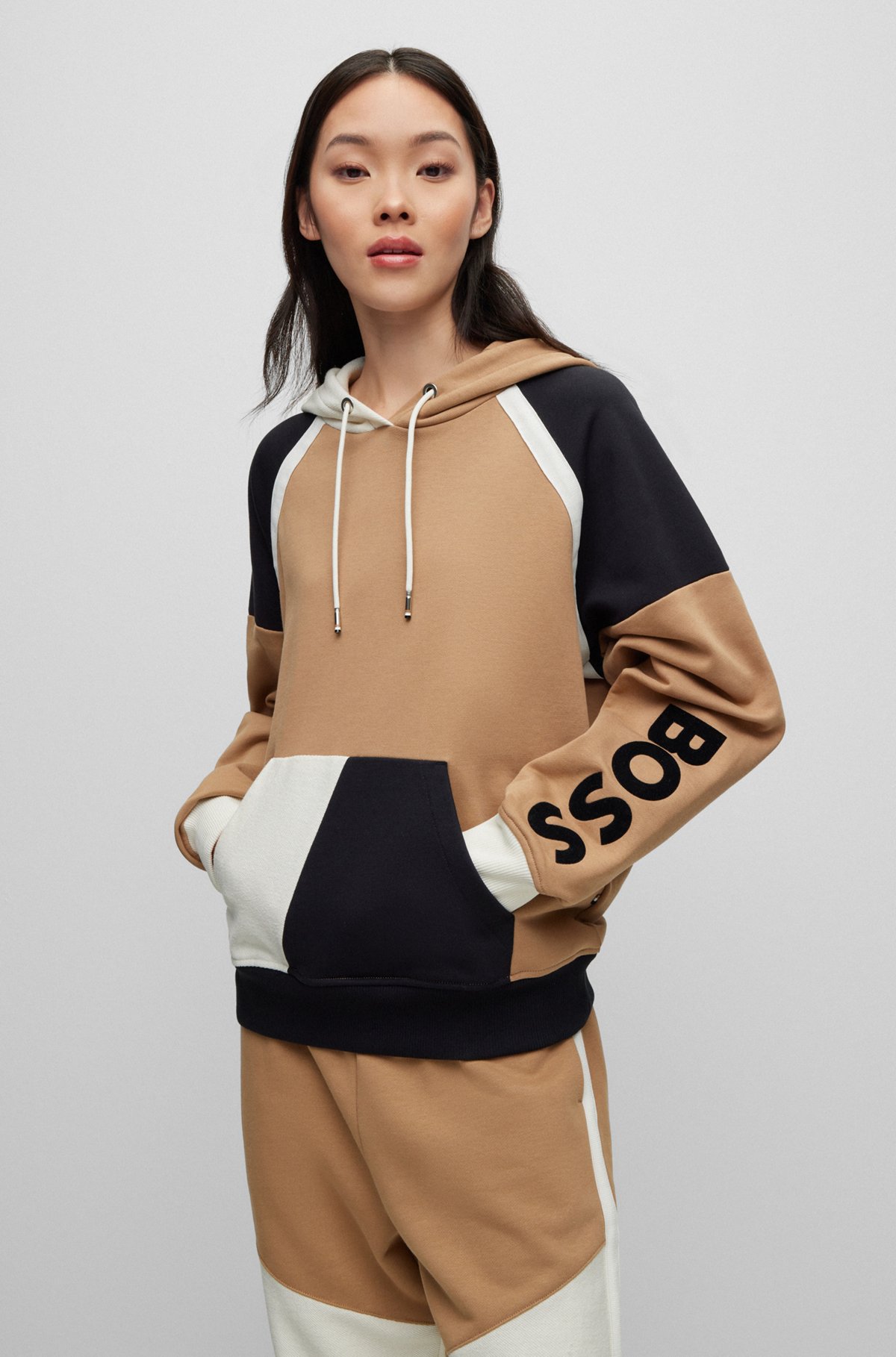 Cotton-terry hoodie with color-blocking and logo, Beige