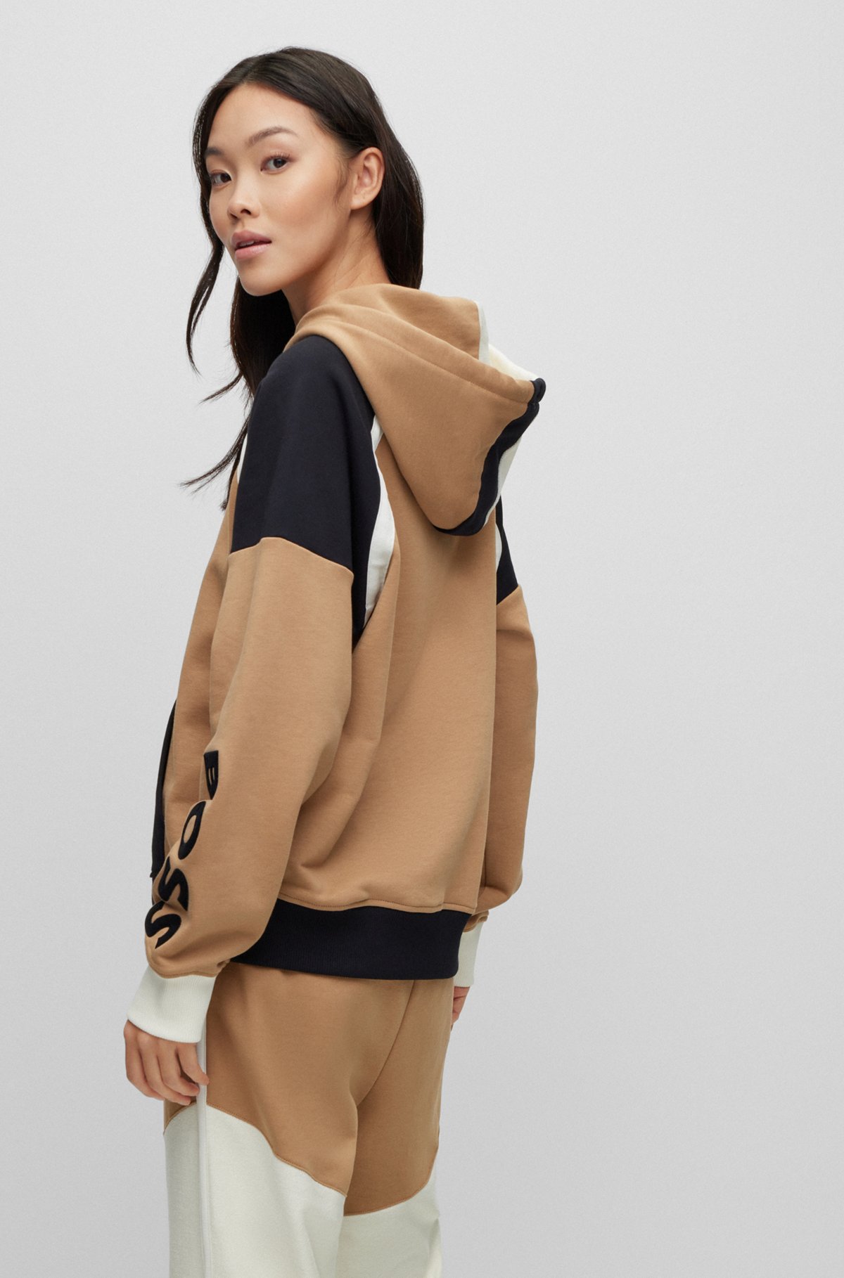 Cotton-terry hoodie with color-blocking and logo, Beige