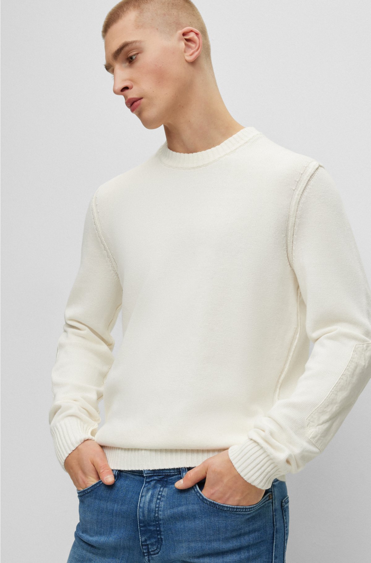 BOSS - Cotton-linen sweater with stretch-cotton elbow patches