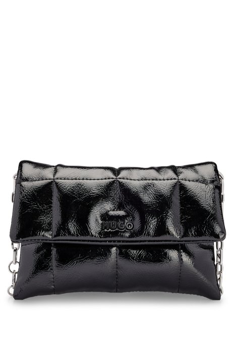 Vinyl-effect quilted clutch bag with logo chain, Black