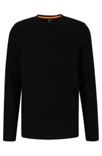 Long-sleeved T-shirt in a waffle-structured cotton blend, Black