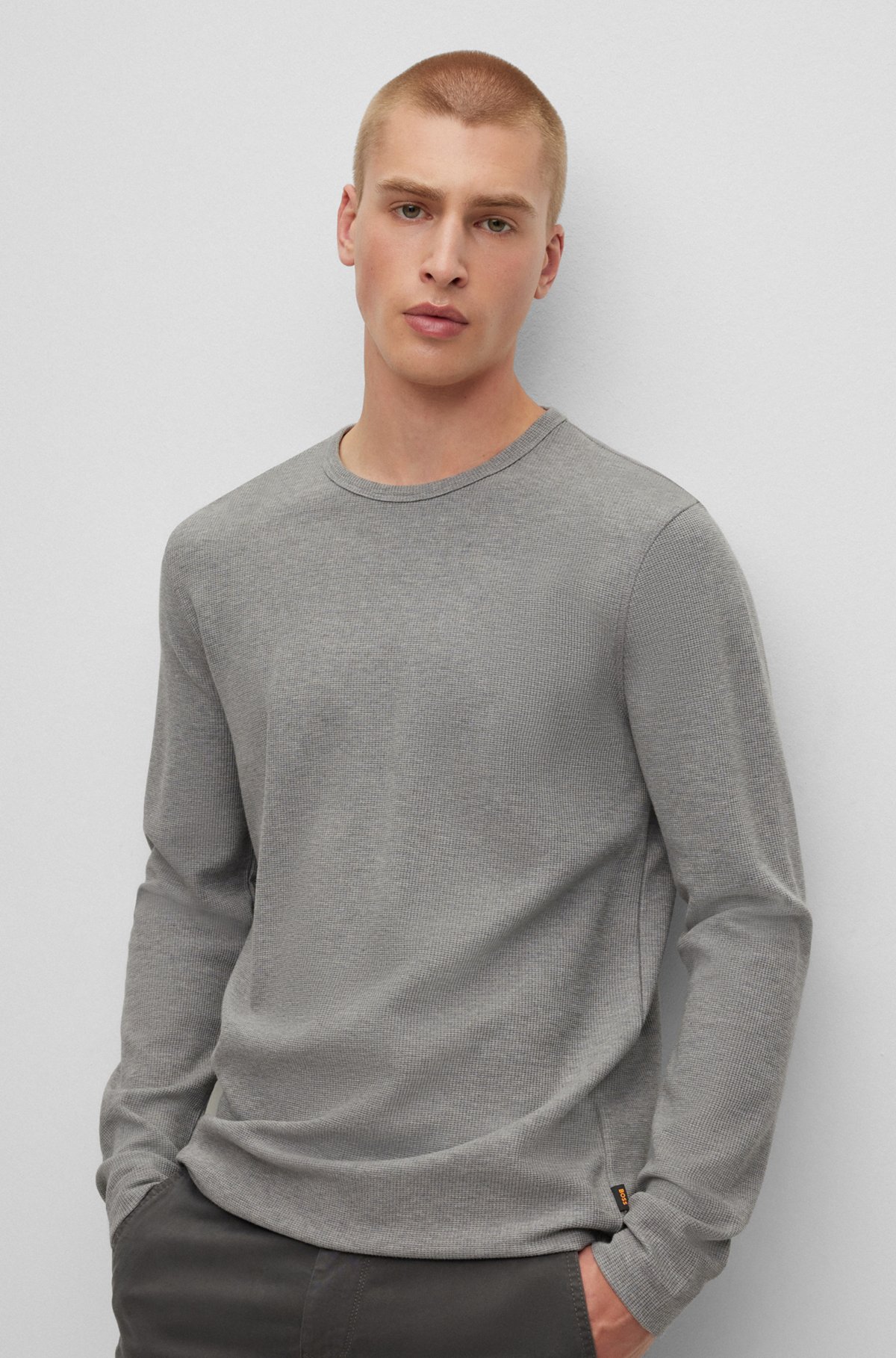 Long-sleeved T-shirt in a waffle-structured cotton blend, Grey