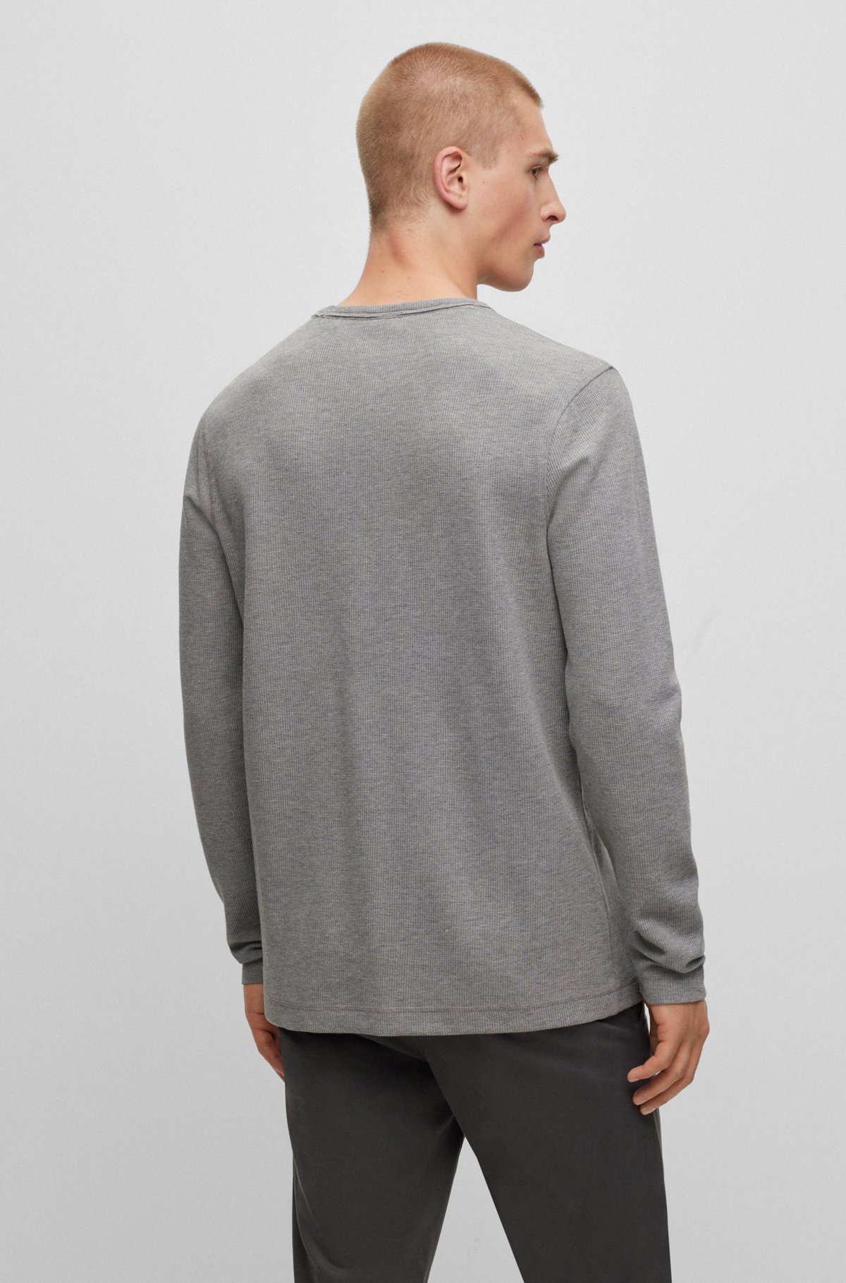 Long-sleeved T-shirt in a waffle-structured cotton blend, Grey