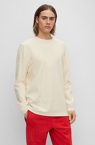 Long-sleeved T-shirt in a waffle-structured cotton blend, Natural