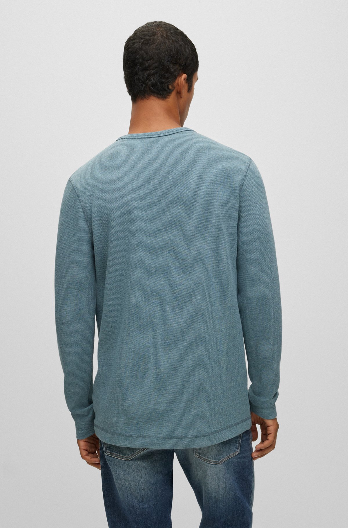 Long-sleeved T-shirt in a waffle-structured cotton blend, Blue