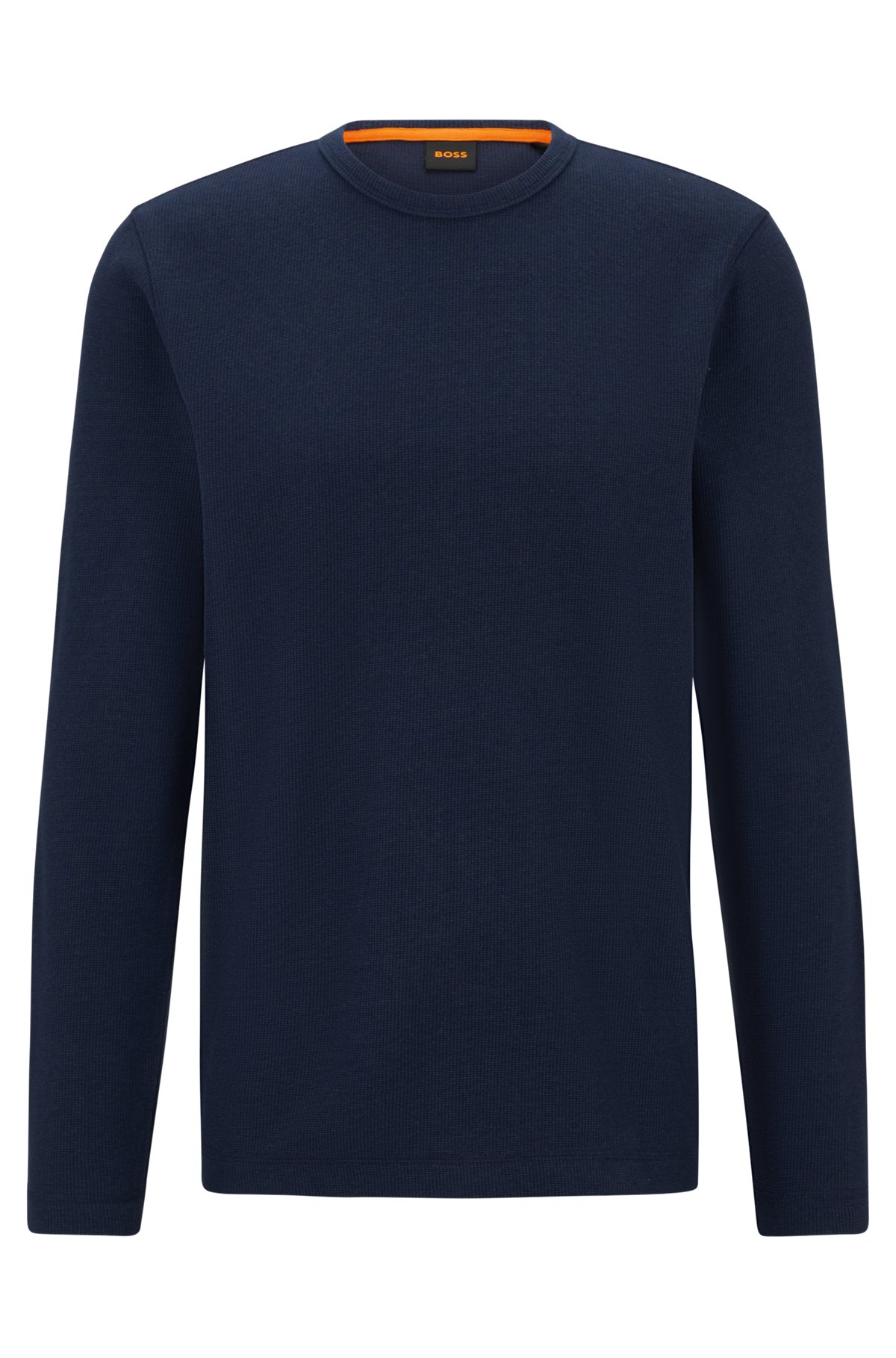 Long-sleeved T-shirt in a waffle-structured cotton blend, Dark Blue