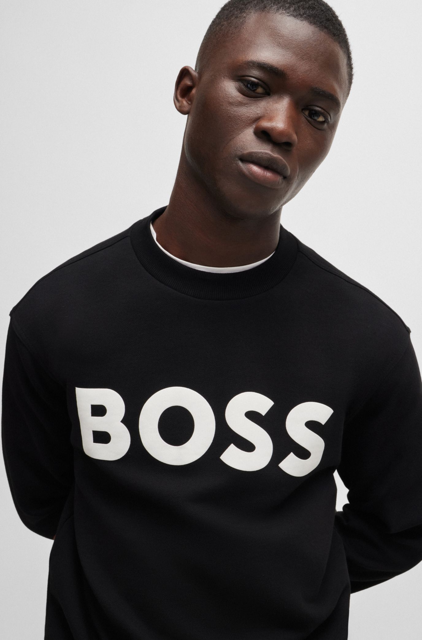 BOSS Relaxed fit cotton terry sweatshirt with rubber print logo