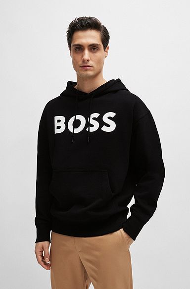 Cotton-terry hoodie with rubber-print logo, Black