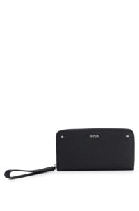 Grained-leather ziparound wallet with metal logo lettering, Black