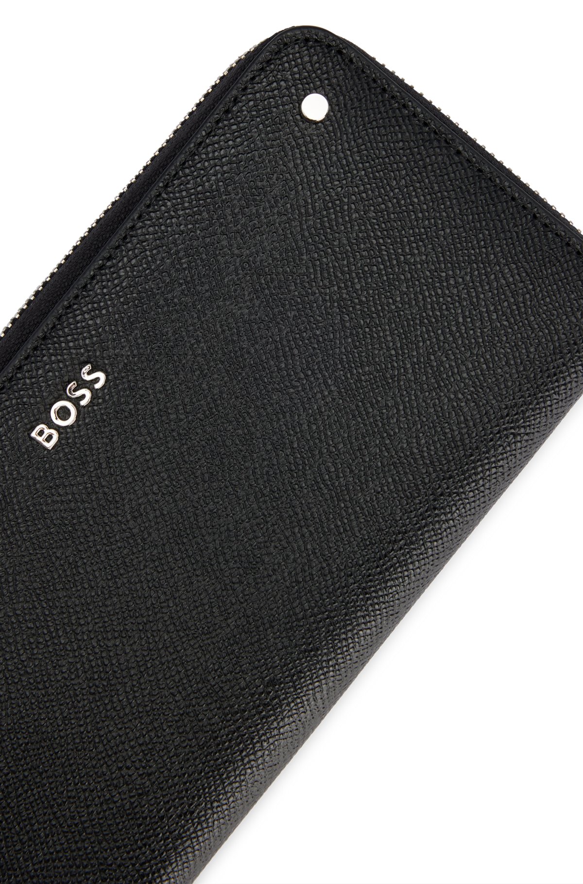 Grained-leather ziparound wallet with metal logo lettering, Black