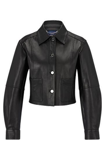 Cropped button-up leather jacket bonded with denim, Hugo boss