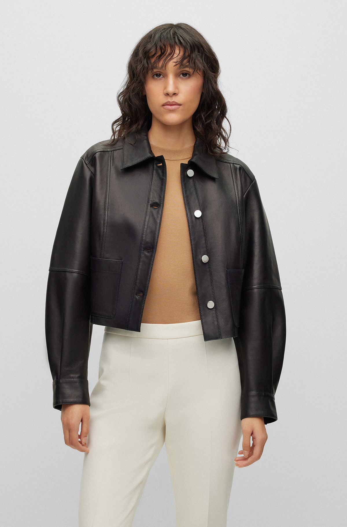Cropped button-up leather jacket bonded with denim, Black