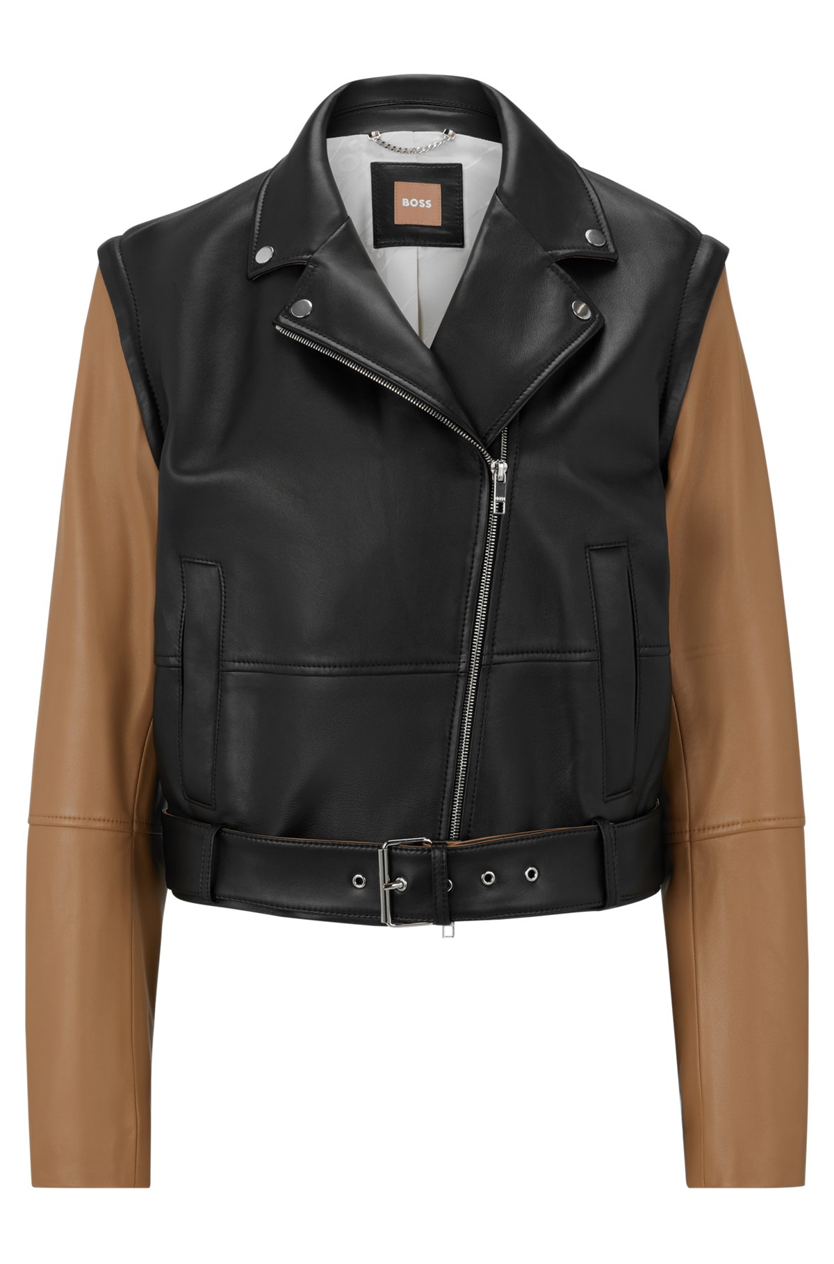 Nappa-leather regular-fit jacket with removable sleeves, Black