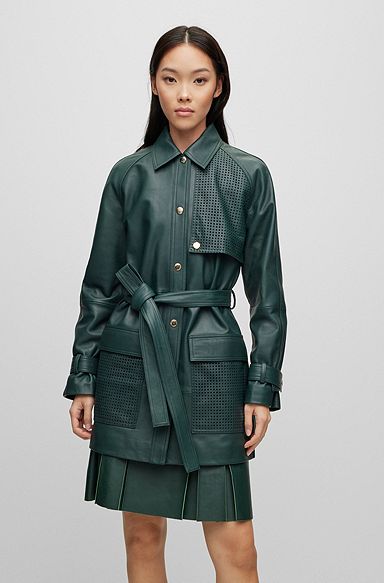 Relaxed-fit longline leather jacket with perforated details, Dark Green