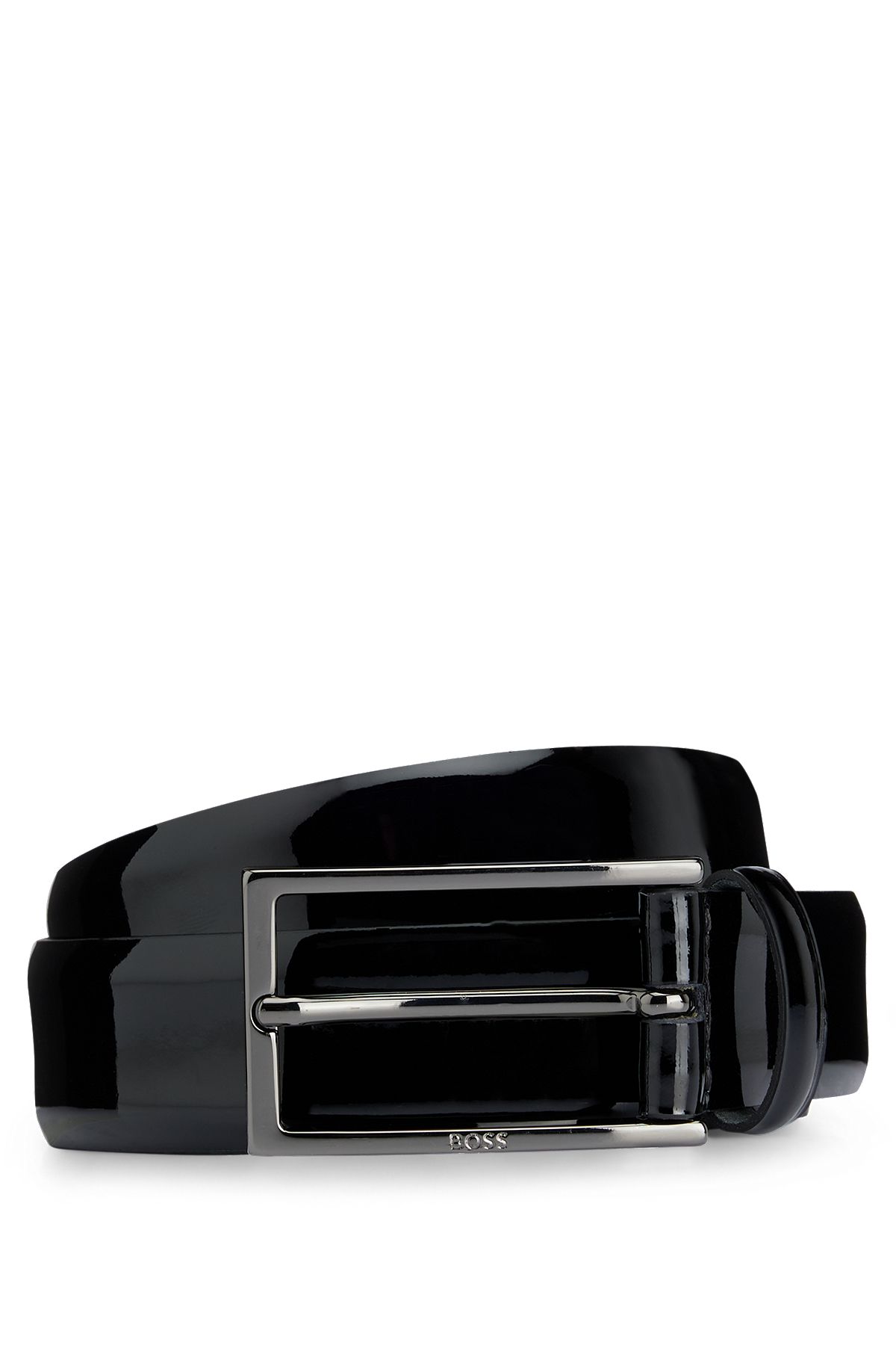 Pin-buckle belt in Italian patent leather, Black