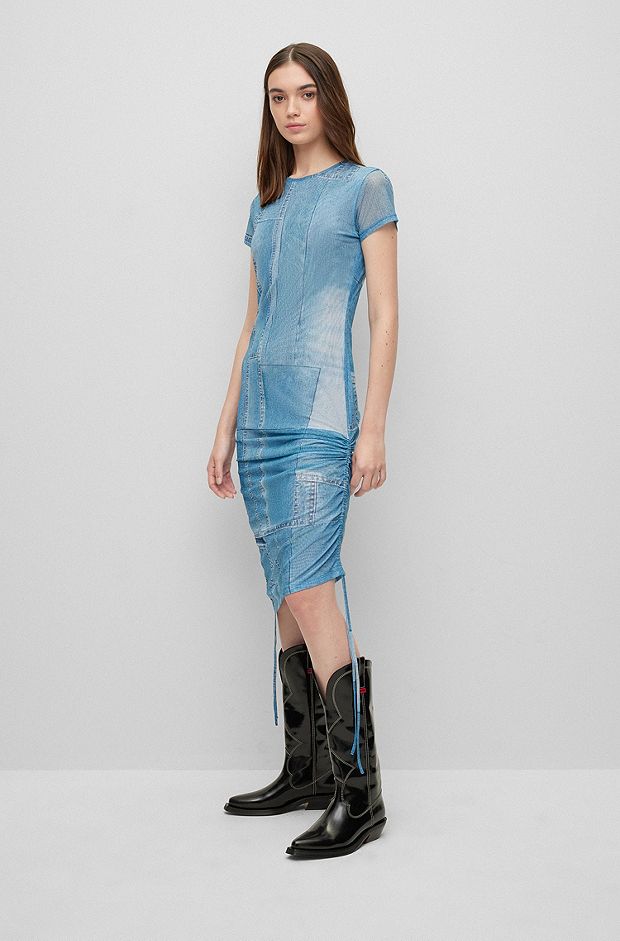 Slim-fit dress in printed mesh with drawstring sides, Patterned