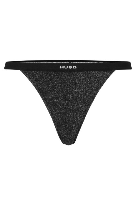 Logo-waistband thong briefs with sparkle effect, Black