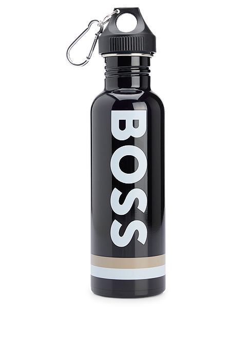 Бутылка для воды из нержавеющей стали с фирменной полоской и контрастным логотипом, Черный