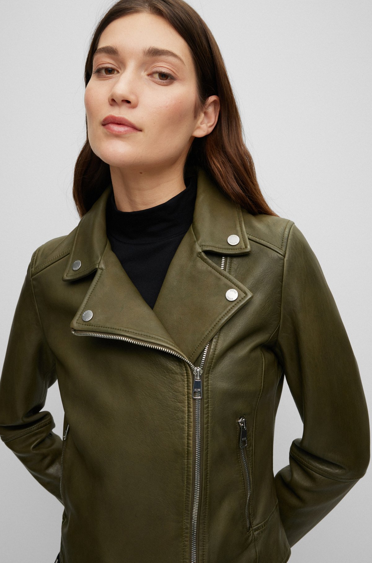 BOSS - Slim-fit leather jacket with asymmetric front zip