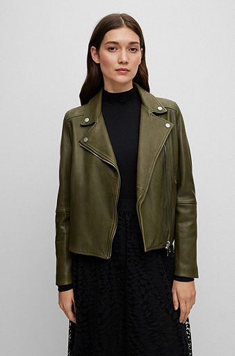 Slim-fit leather jacket with asymmetric front zip, Dark Green