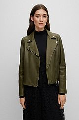 Slim-fit leather jacket with asymmetric front zip, Dark Green