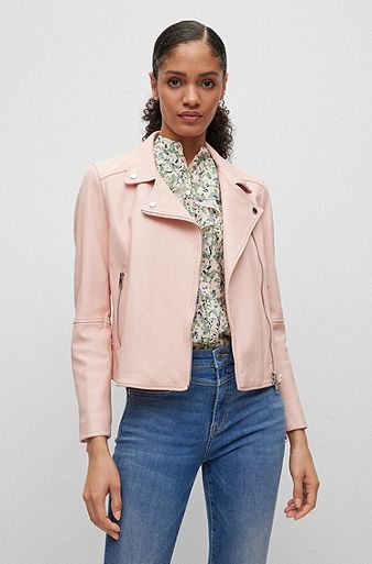 Slim-fit leather jacket with asymmetric front zip, light pink