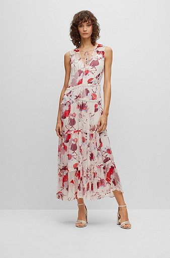 Chiffon maxi dress with floral print and adjustable ties, Patterned