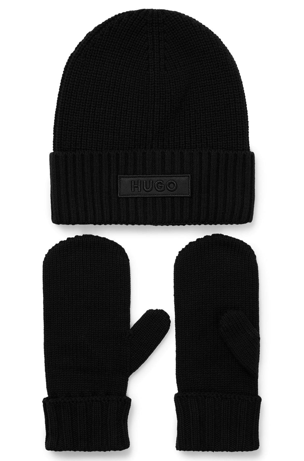 Gift-boxed cotton-blend beanie hat and gloves, Black