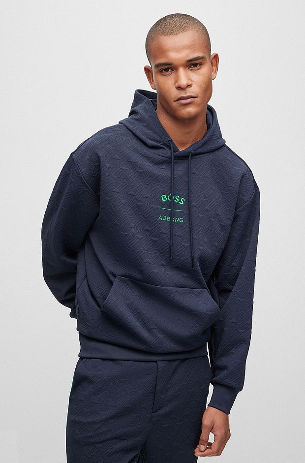 BOSS x AJBXNG relaxed-fit hoodie with all-over monogram jacquard, Dark Blue