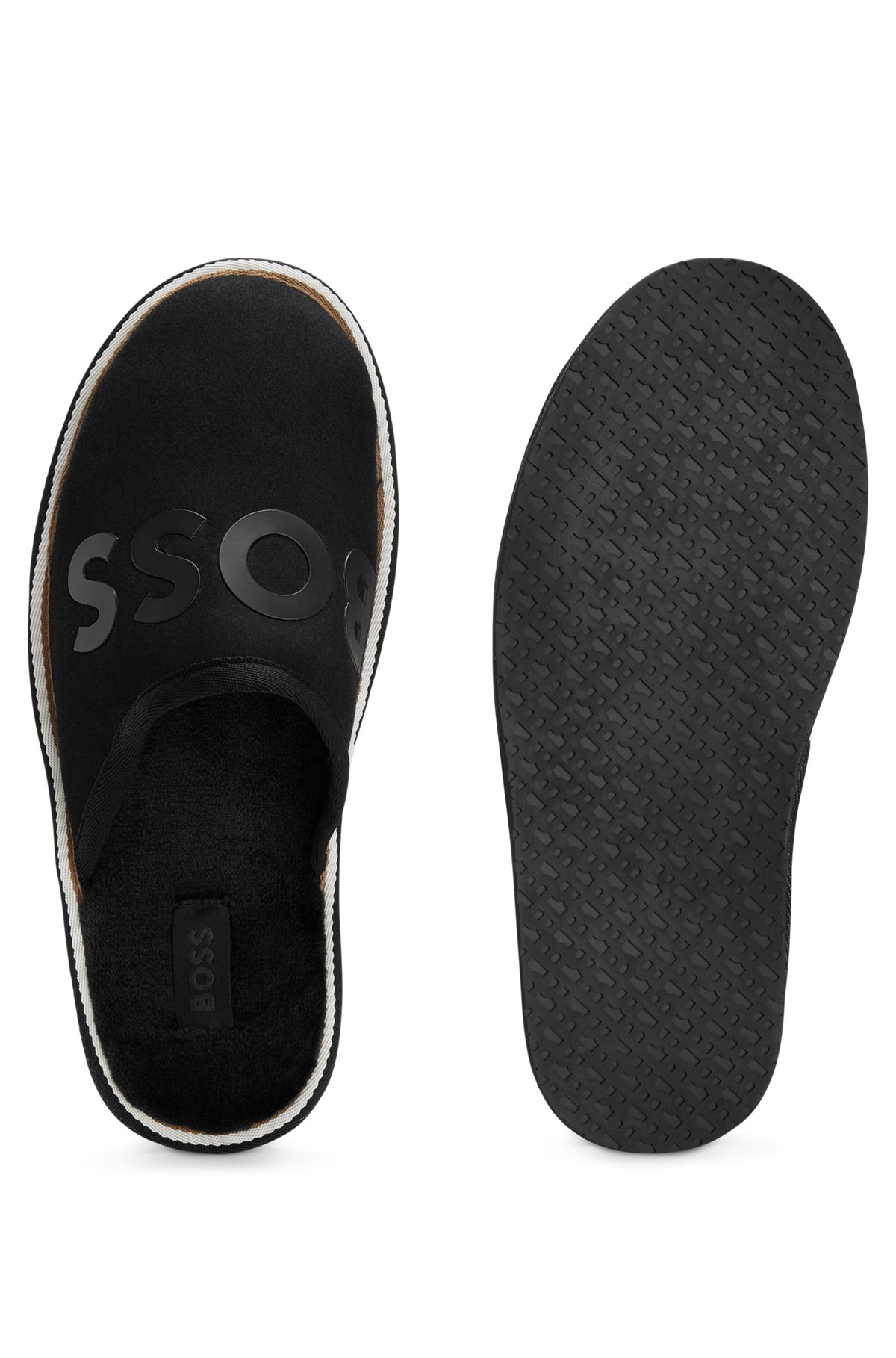 Monogram-logo slippers with rubber outsole and signature stripe, Black