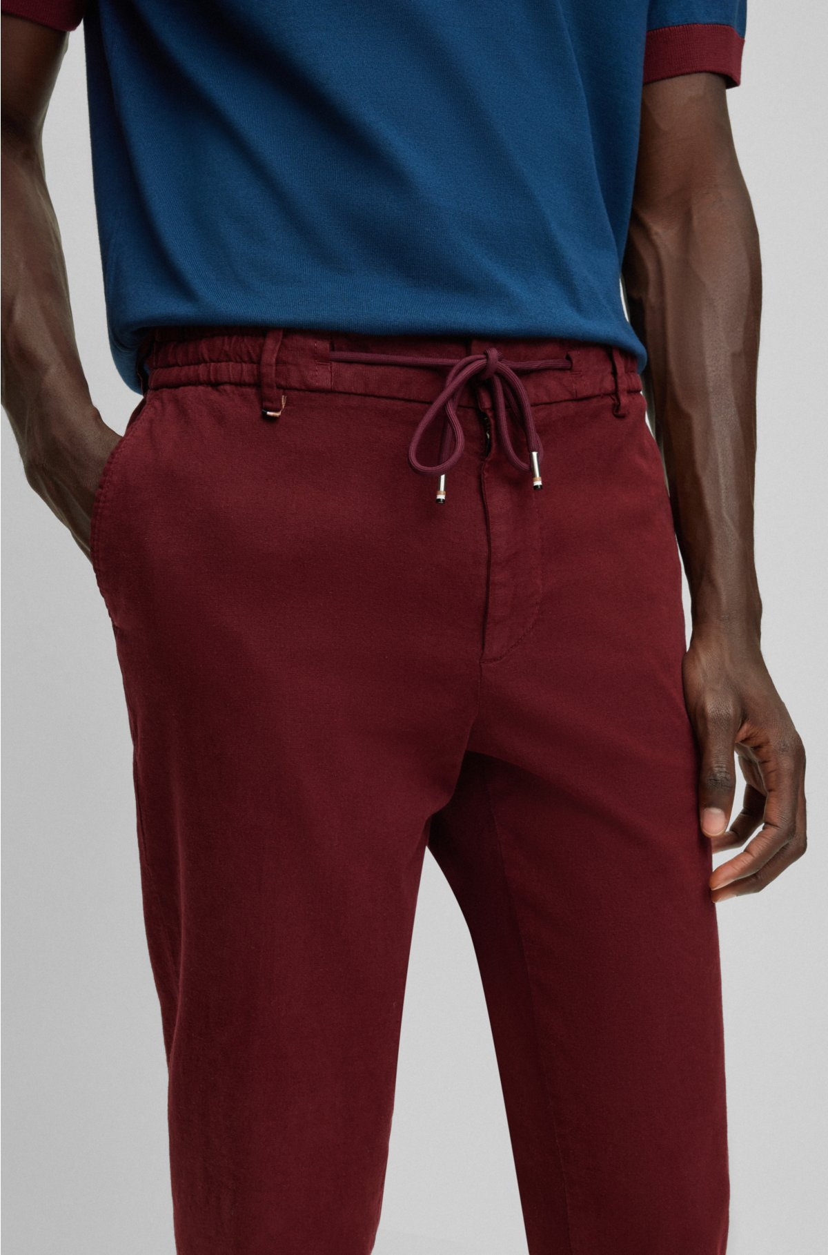 Slim-fit trousers in linen, cotton and stretch, Dark Red