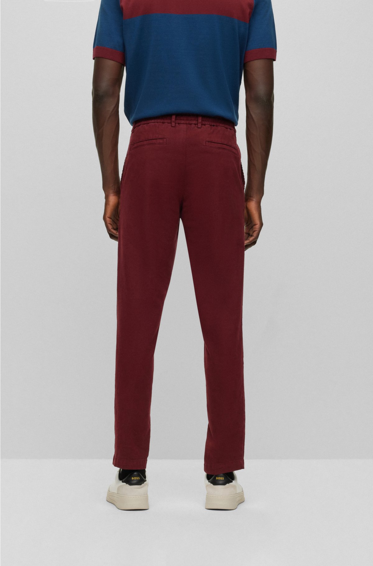 Slim-fit trousers in linen, cotton and stretch, Dark Red