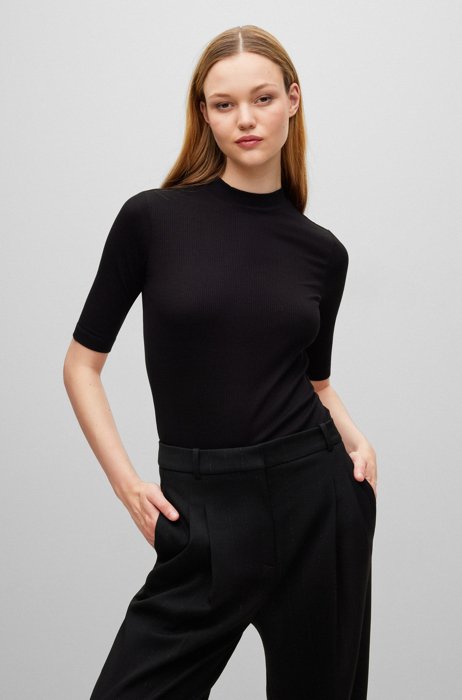 Ribbed jersey T-shirt with mock neckline, Black
