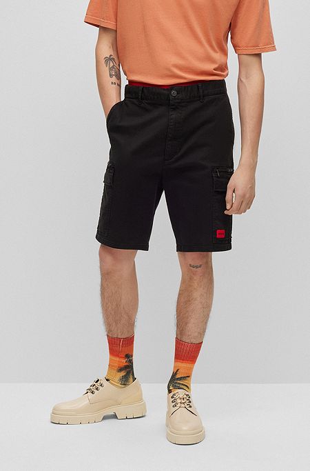 Stretch-cotton cargo shorts with red logo label, Black