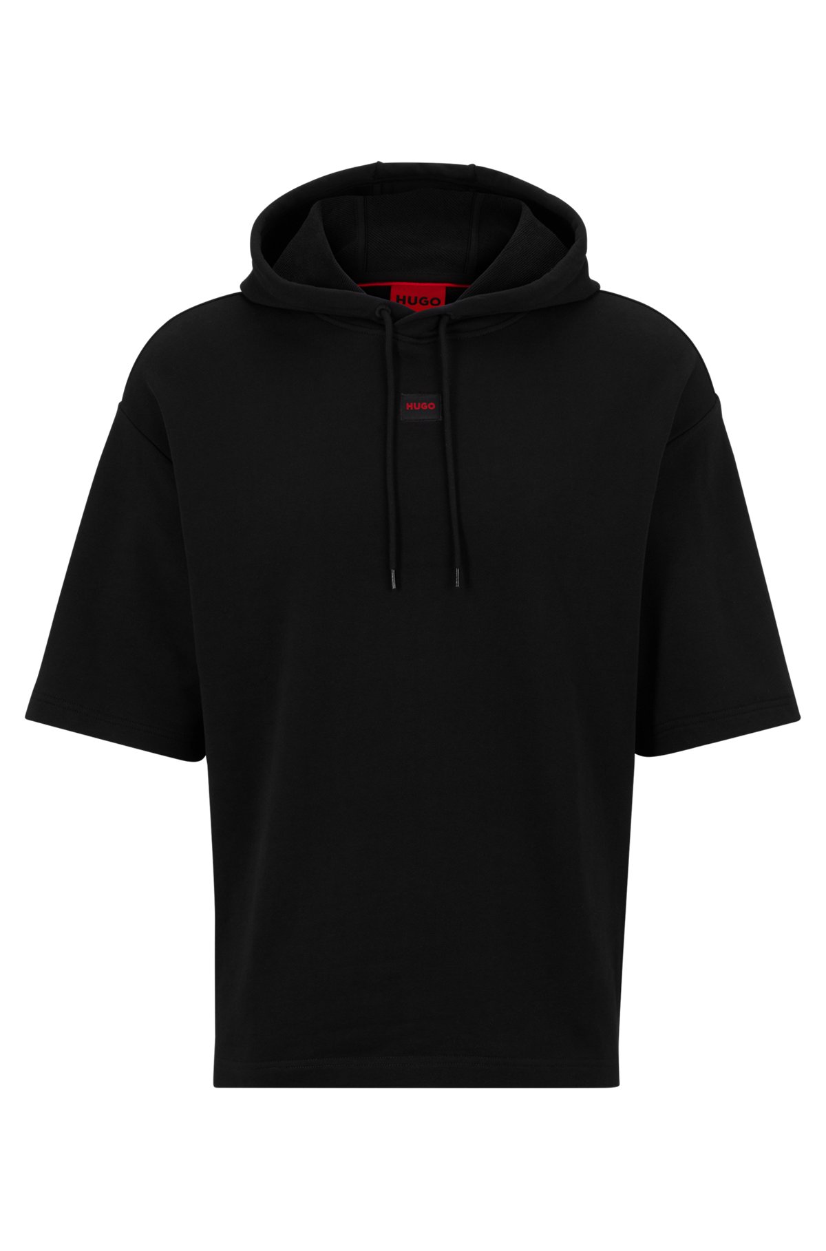 Short-sleeved cotton-terry hoodie with logo label, Black