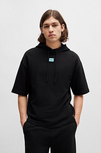Short-sleeved relaxed-fit hoodie in cotton terry, Black