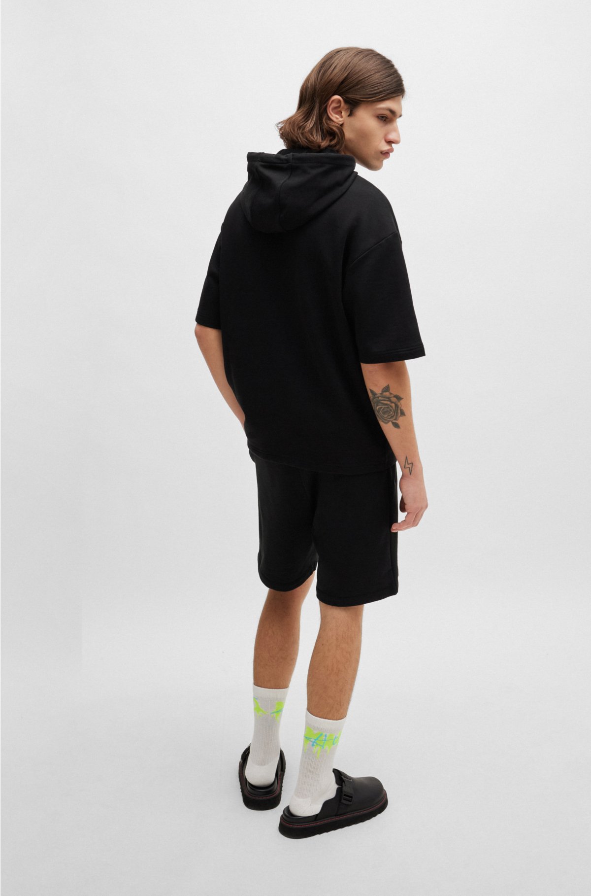 Short-sleeved relaxed-fit hoodie in cotton terry, Black