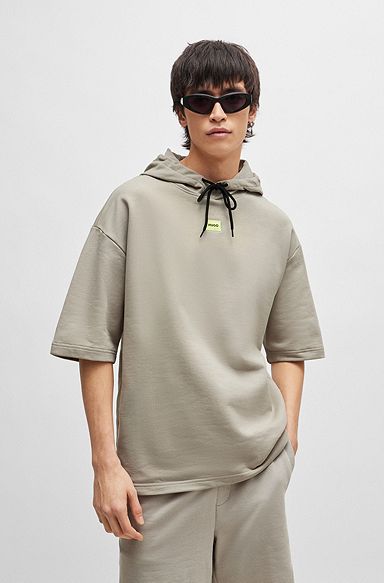 Short-sleeved relaxed-fit hoodie in cotton terry, Light Grey