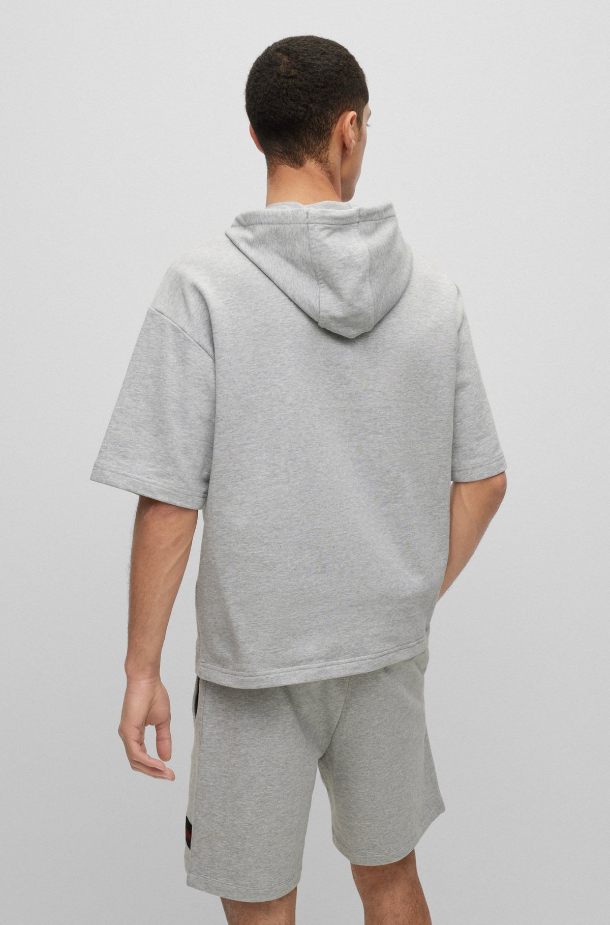 Short-sleeved cotton-terry hoodie with logo label, Light Grey