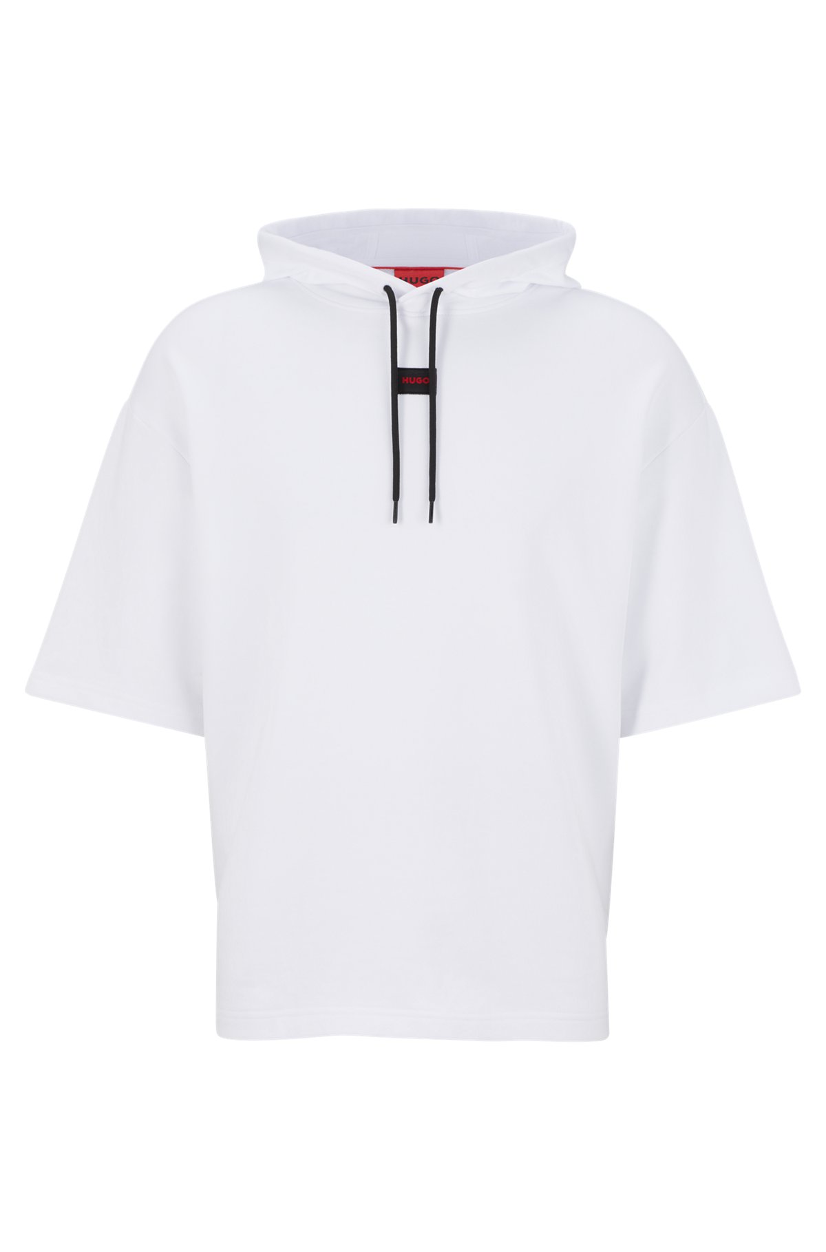 Short-sleeved cotton-terry hoodie with logo label, White