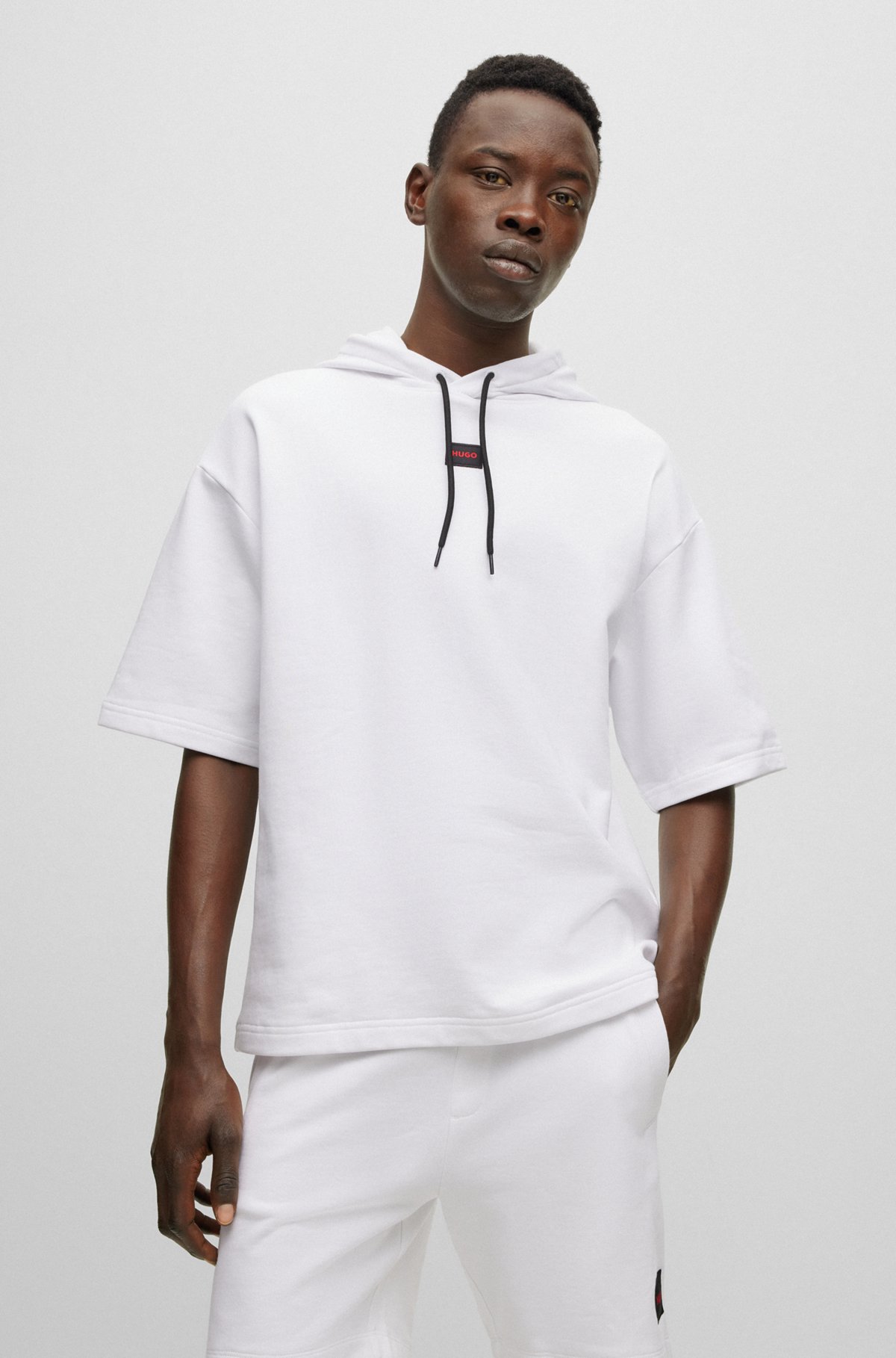 Short-sleeved cotton-terry hoodie with logo label, White