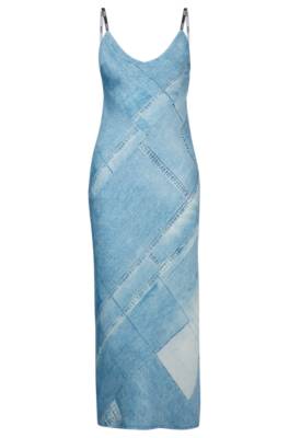 Hugo Boss Denim-print Midi Dress With Logo Straps In Patterned