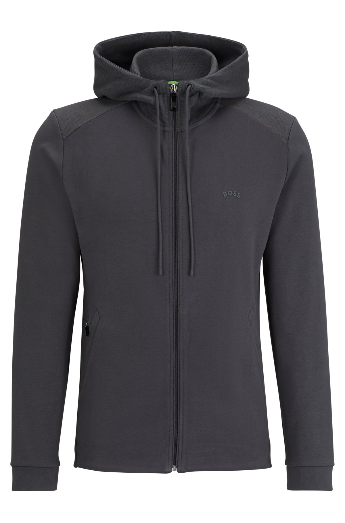 Zip-up hoodie in cotton with curved logo, Dark Grey