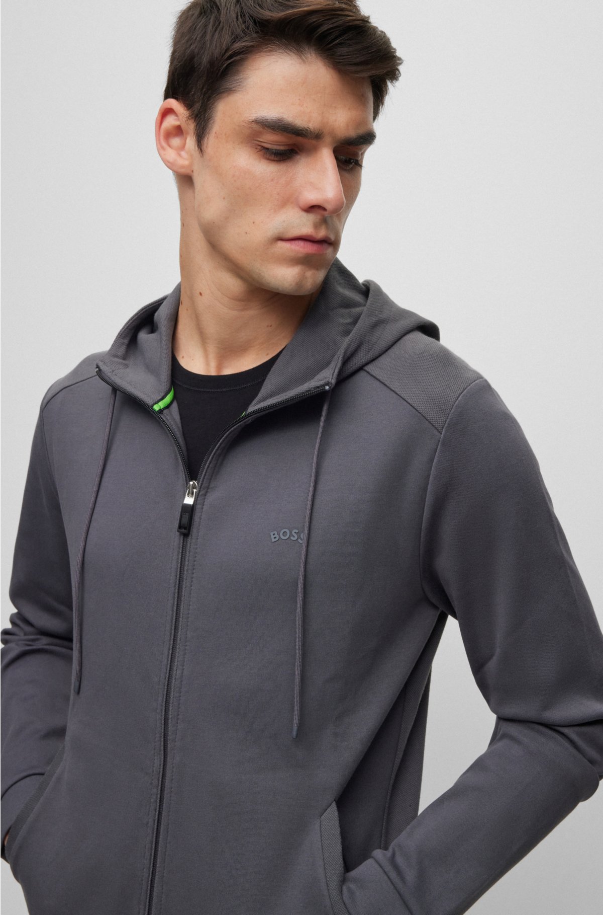 BOSS - Zip-up hoodie in cotton with curved logo
