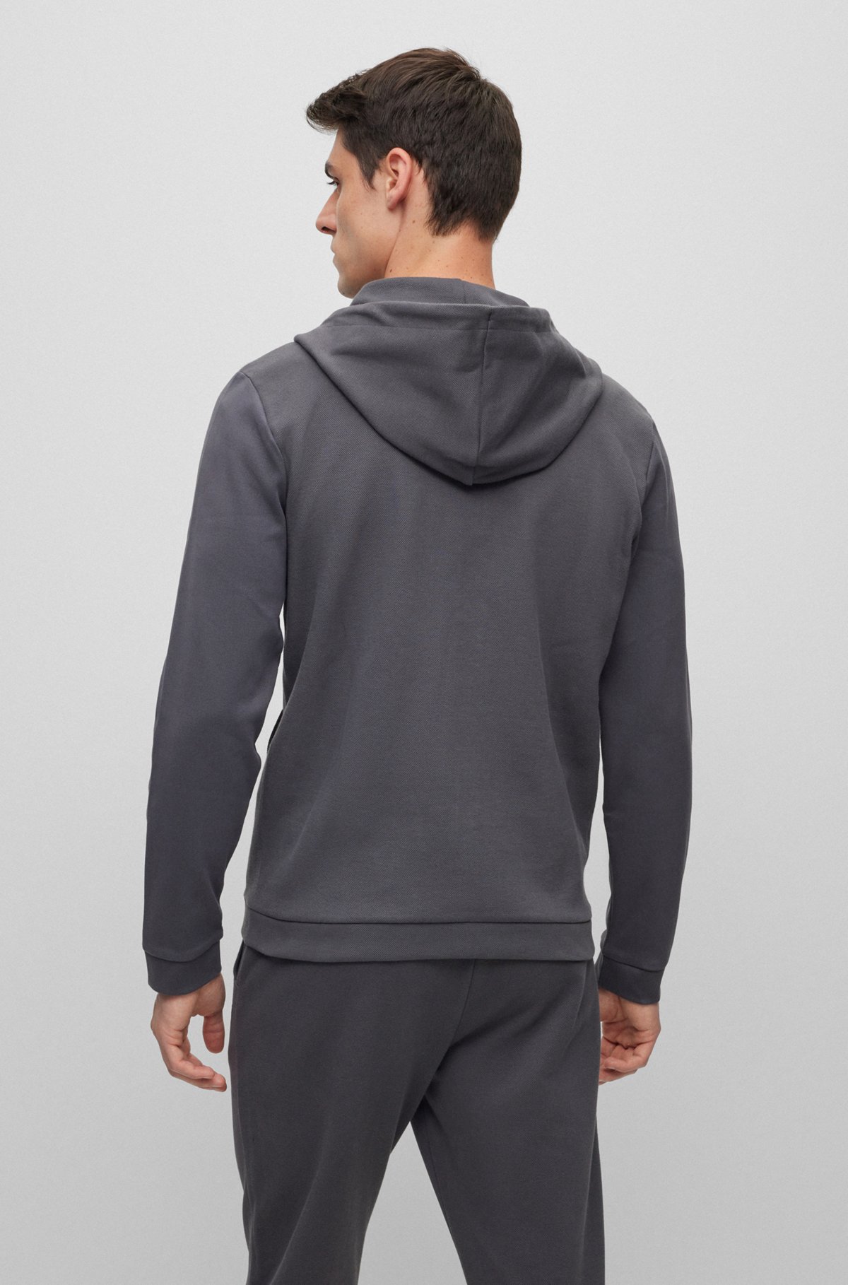 Zip-up hoodie in cotton with curved logo, Dark Grey