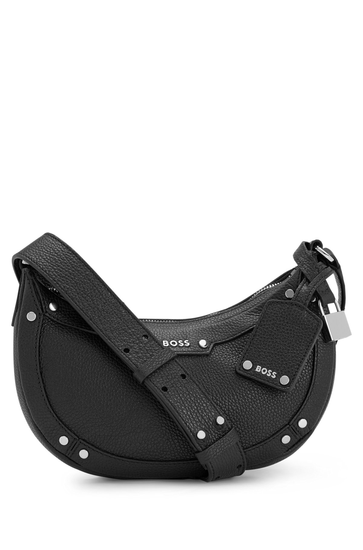Leather hobo bag with padlock and metal rivets, Black