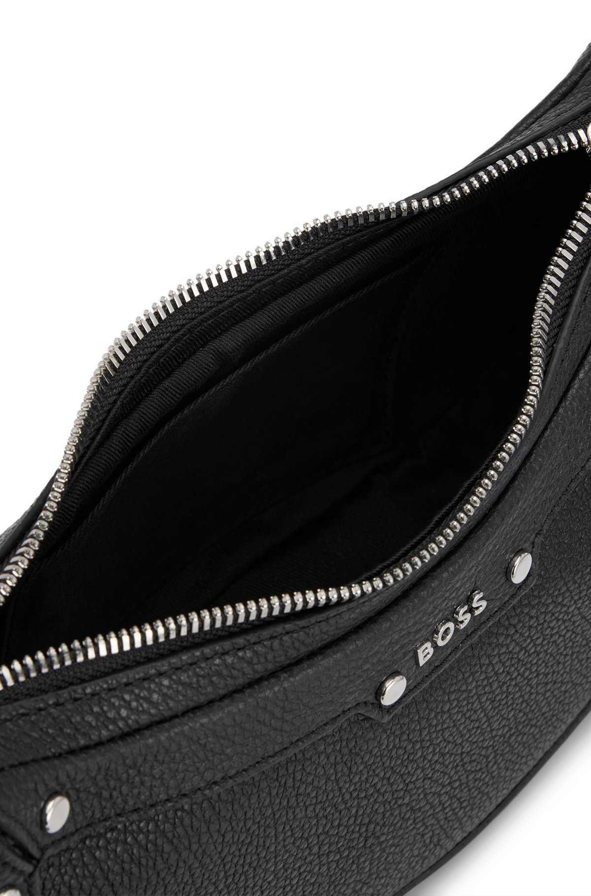 Leather hobo bag with padlock and metal rivets, Black