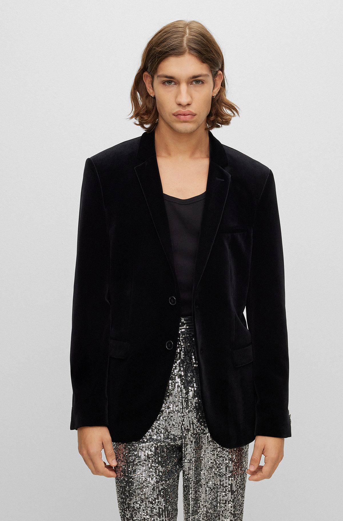 Extra-slim-fit jacket in stretch velvet, Black