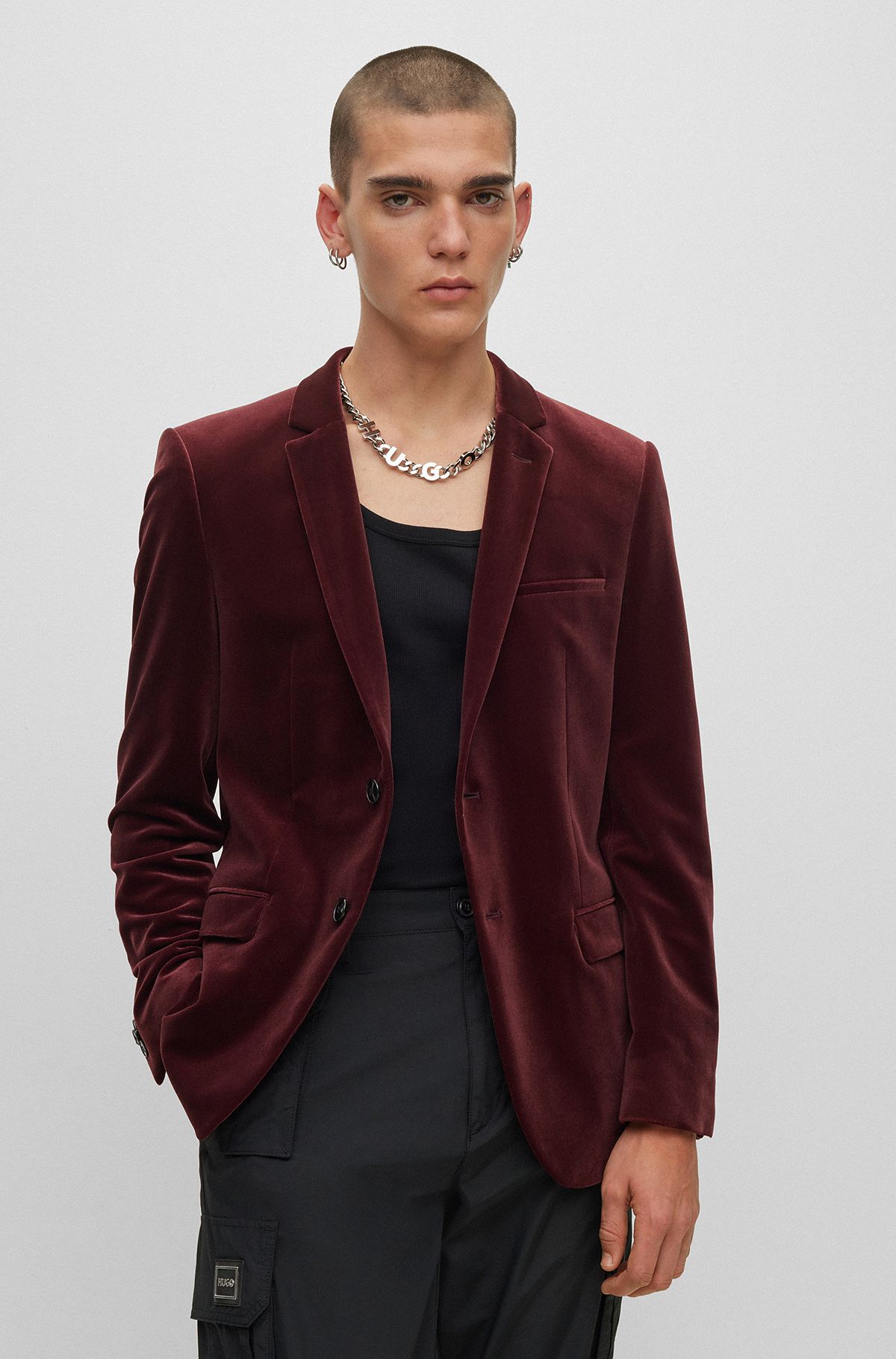 Extra-slim-fit jacket in stretch velvet, Dark Red